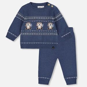 Deux Par Deux Knitted Jacquard Sweater And Pant Set Moonlight Blue 18M